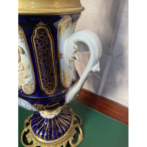 78 - A FANTASTIC PAIR OF VICTORIAN PORCELAIN & BRASS OIL LAMPS, complete with frosted globe shaped lamp s... 