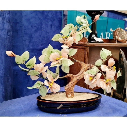 79 - AN ANTIQUE CHINESE ART-GLASS BONSAI TREE, the tree with beautiful blossoms & carved leaves. Dimensio... 