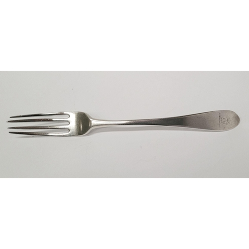 8 - A RARE CORK 18TH CENTURY SILVER CELTIC POINT DINNER FORK BY SAMUEL REILY, circa 1790, the tip with e... 