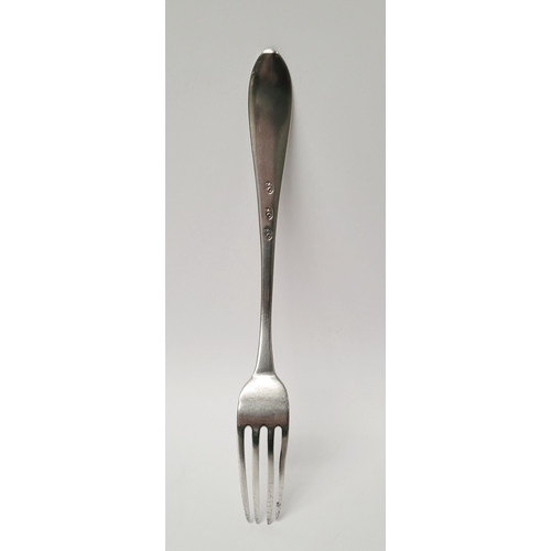 8 - A RARE CORK 18TH CENTURY SILVER CELTIC POINT DINNER FORK BY SAMUEL REILY, circa 1790, the tip with e... 