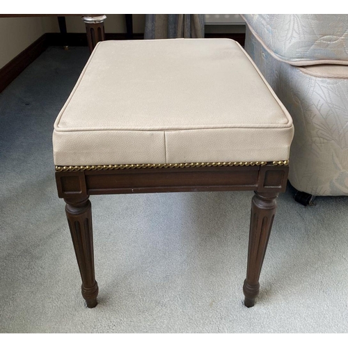 83 - A GOOD CREAM LEATHER TOPPED MAHOGANY STOOL, stud upholstered cream leather seat, with tapered fluted... 