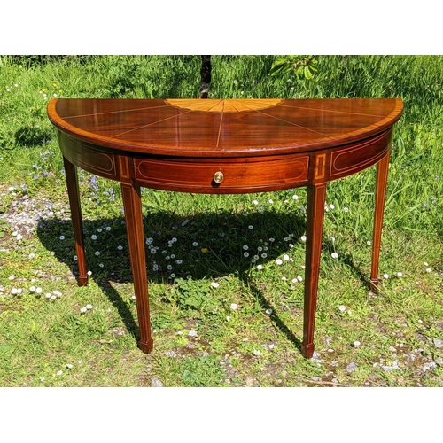 9 - AN EXCEPTIONALLY FINE GEORGIAN MAHOGANY SATINWOOD INLAID DEMI-LUNE SHAPED SIDE TABLE, with a single ... 