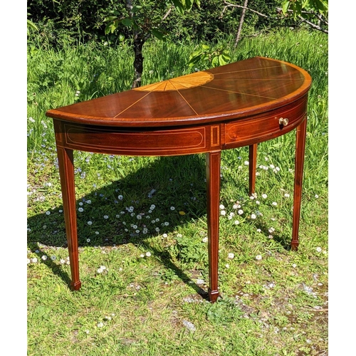 9 - AN EXCEPTIONALLY FINE GEORGIAN MAHOGANY SATINWOOD INLAID DEMI-LUNE SHAPED SIDE TABLE, with a single ... 