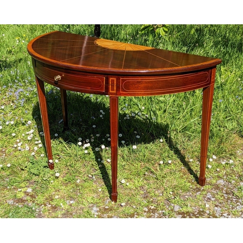 9 - AN EXCEPTIONALLY FINE GEORGIAN MAHOGANY SATINWOOD INLAID DEMI-LUNE SHAPED SIDE TABLE, with a single ... 