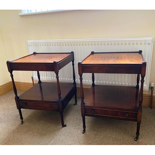 92 - A PAIR OF MAHOGANY SINGLE DRAWER TABLES / STANDS, each with raised edge & corners, with turned colum... 