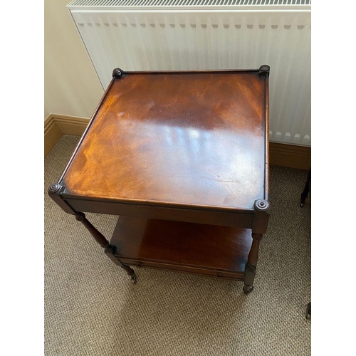 92 - A PAIR OF MAHOGANY SINGLE DRAWER TABLES / STANDS, each with raised edge & corners, with turned colum... 