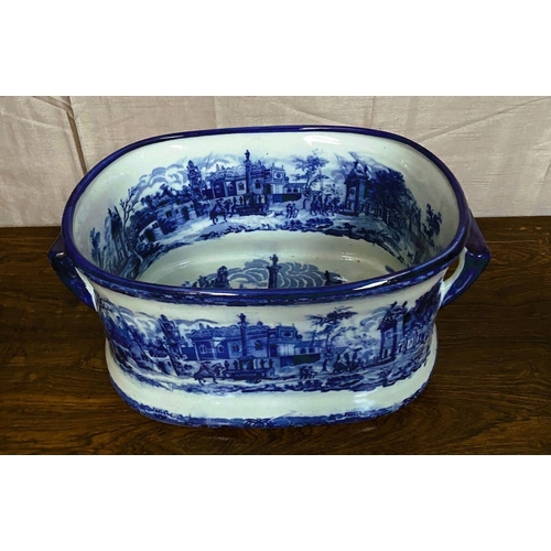 94 - A LOVELY BLUE & WHITE ‘FOOT-BATH’ JARDINERÉ POT, with blue & white scenes to the exterior & interior... 