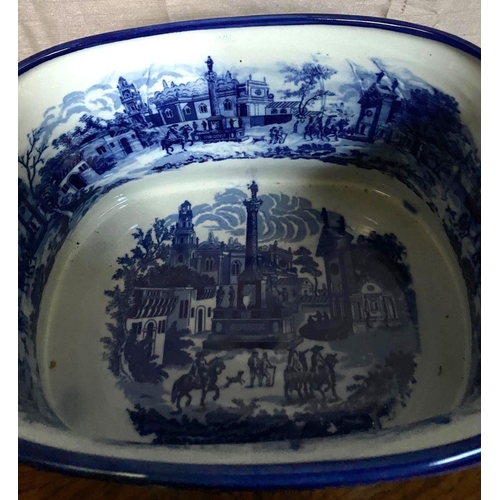 94 - A LOVELY BLUE & WHITE ‘FOOT-BATH’ JARDINERÉ POT, with blue & white scenes to the exterior & interior... 