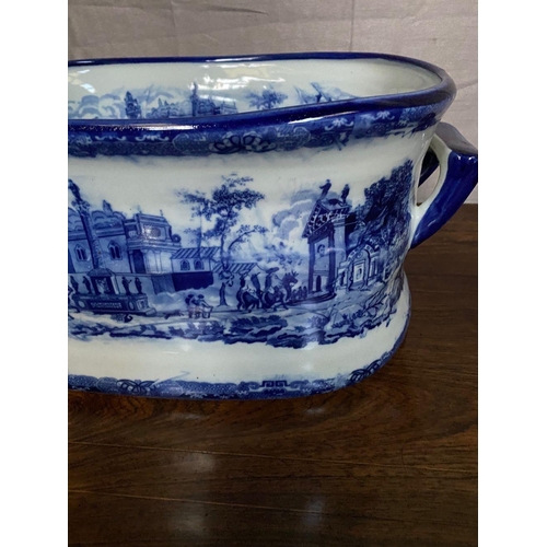 94 - A LOVELY BLUE & WHITE ‘FOOT-BATH’ JARDINERÉ POT, with blue & white scenes to the exterior & interior... 