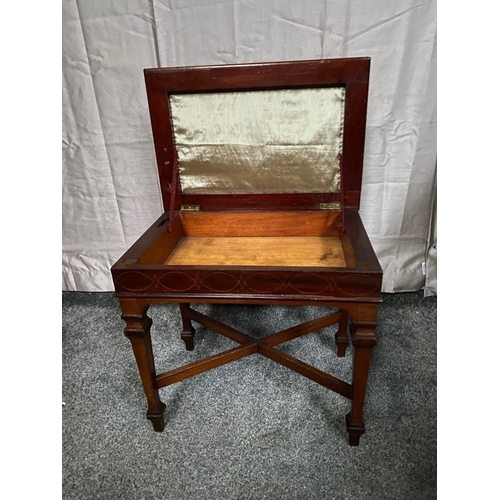 97 - A VERY GOOD QUALITY MAHOGANY LIFT TOP SATINWOOD INLAID STOOL, with lovely loop string inlaid design,... 