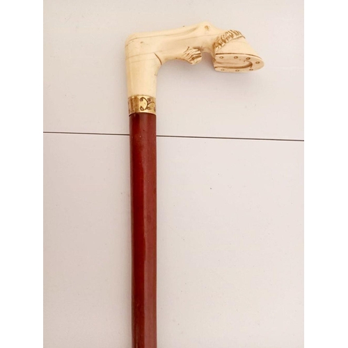 105 - A SUPERB ANTIQUE KNOPPED WALKING STICK, the handle in the form of a carved hairy shoed hoof, fantast... 