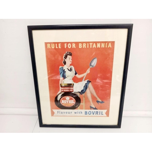 106 - A RETRO STYLE FRAMED ADVERTISING PRINT; FLAVOUR WITH BOVRIL; 35cm x 30cm.