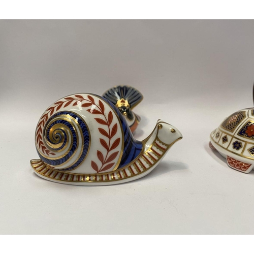 108 - A COLLECTION OF ROYAL CROWN DERBY BONE CHINA PAPERWEIGHTS, to include turtle, snail & fantail tit. T... 