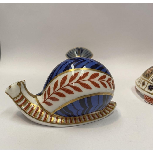 108 - A COLLECTION OF ROYAL CROWN DERBY BONE CHINA PAPERWEIGHTS, to include turtle, snail & fantail tit. T... 