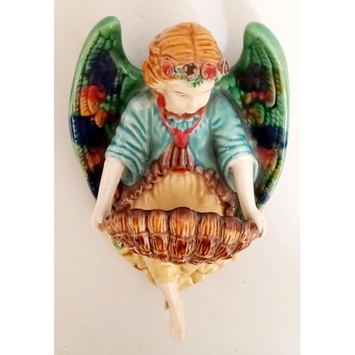 130 - AN ANTIQUE HAND GLAZED MAJOLICA ANGEL FONT, circa 1900, nice brightly coloured decorative piece in e... 