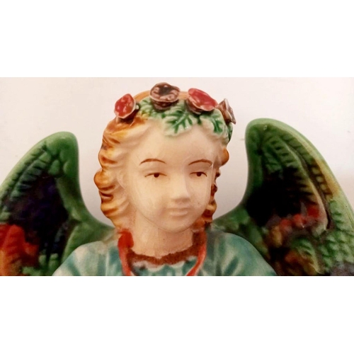 130 - AN ANTIQUE HAND GLAZED MAJOLICA ANGEL FONT, circa 1900, nice brightly coloured decorative piece in e... 