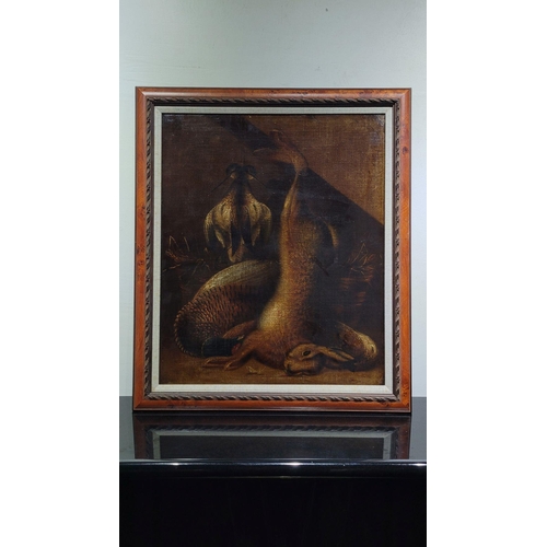 134 - AFTER BENJAMIN BLAKE, HARE & BIRD TABLESCAPE, oil on canvas – has been relined, and is heavily varni... 