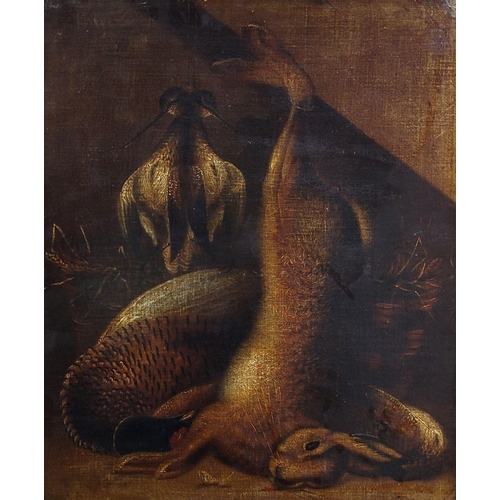 134 - AFTER BENJAMIN BLAKE, HARE & BIRD TABLESCAPE, oil on canvas – has been relined, and is heavily varni... 