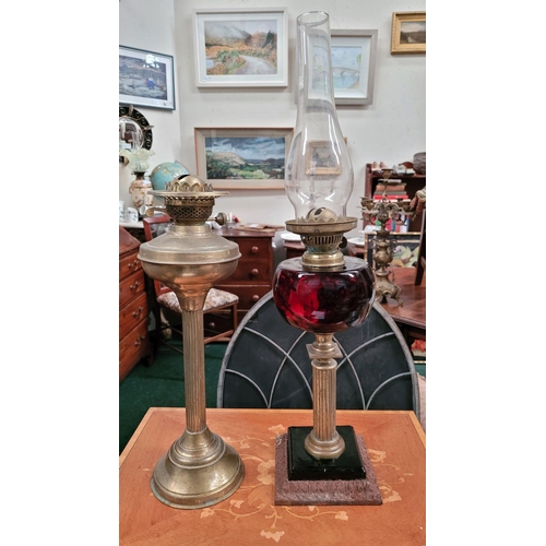 149 - A MIXED BRASS LAMP LOT: includes; (i) TWO VICTORIAN BRASS COLUMN OIL LAMPS, (i) with a cast metal ga... 