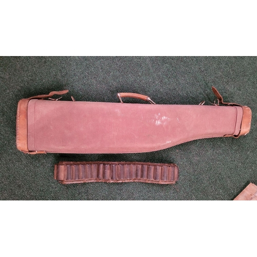 151 - A MIXED GUN CASE LOTS: (i) AN ANTIQUE LEATHER GUNCASE, with carrying strap. Dimensions: 78cm long ap... 