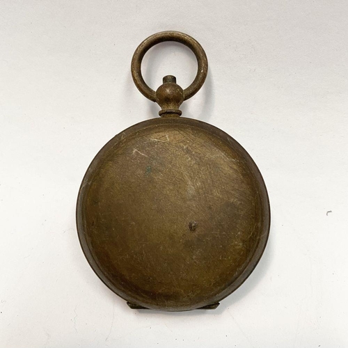 155 - AN ANTIQUE BRASS EXPLORERS STYLE POCKET COMPASS, likely a Singer’s Patent compass as it features Sin... 