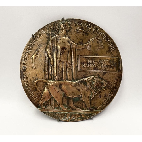 160 - A WW1 MEMORIAL PLAQUE TO FREDERICK HANSON MERRY, with patent number to reverse, dimensions: 12cm dia... 