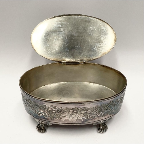 161 - A VINTAGE SILVERPLATED TRINKET BOX AND SAUCE BOAT, (i) trinket box by Jennings Bros Bridgeport, quad... 