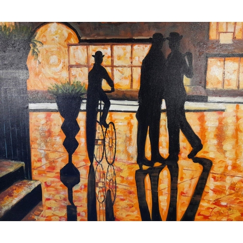 164 - A 20TH CENTURY PAINTING: SILHOUETTES IN A STREET SCENE, acrylic on board, signed lower right. 73 x 6... 