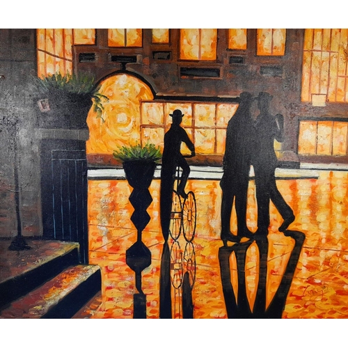 164 - A 20TH CENTURY PAINTING: SILHOUETTES IN A STREET SCENE, acrylic on board, signed lower right. 73 x 6... 