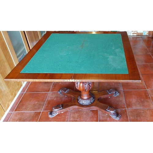 170 - A VERY GOOD MAHOGANY FOLD OVER CARD TABLE, the table top twists & folds open to reveal a green baize... 