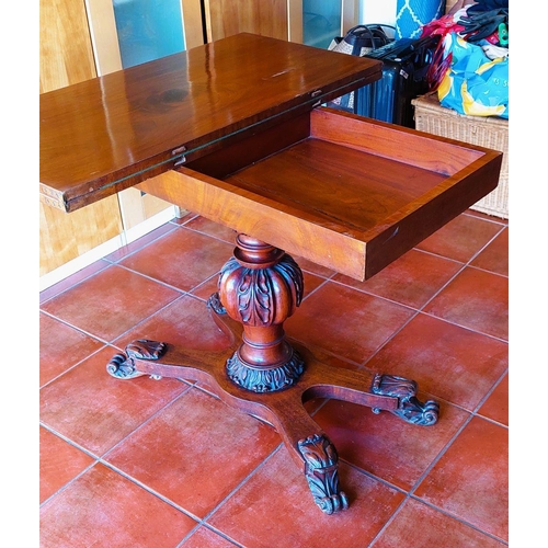 170 - A VERY GOOD MAHOGANY FOLD OVER CARD TABLE, the table top twists & folds open to reveal a green baize... 