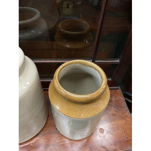 183 - TWO VINTAGE STONEWARE JARS, traditional design one with brown glaze to neck. Dimensions: larger: 21.... 