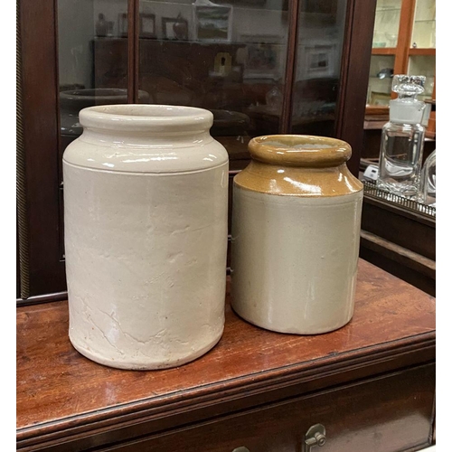 183 - TWO VINTAGE STONEWARE JARS, traditional design one with brown glaze to neck. Dimensions: larger: 21.... 