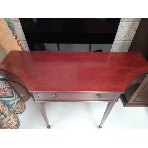 196 - A 20TH CENTURY MAHOGANY INLAID CONSOLE TABLE, with concave sides & a single long drawer to the centr... 