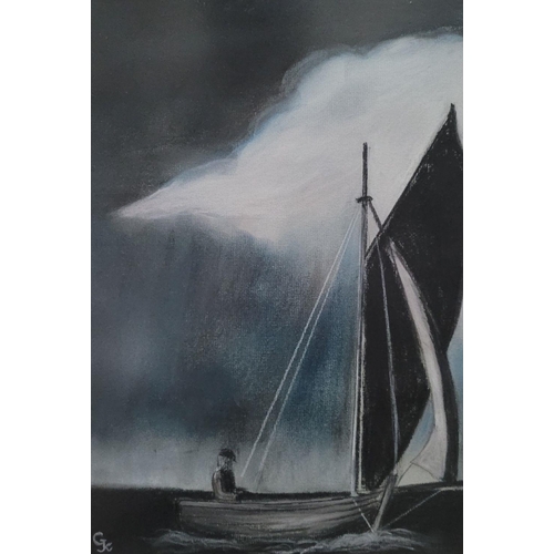 198 - A 20TH CENTURY IRISH PASTEL ON PAPER, LONE FIGURE AT SEA, signed with initials lower left. Framed in... 