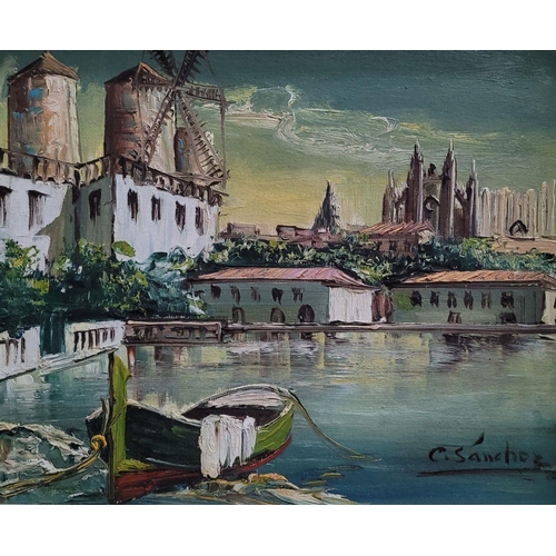 201 - C. SANCHEZ, EUROPEAN CITY SCENE, oil on board, signed lower right. Dimensions: Frame: 45 x 36cm, boa... 