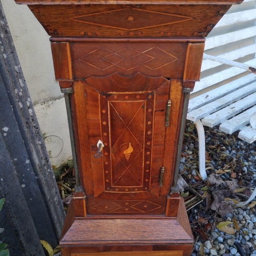 203 - A VERY UNUSUAL APPRENTICE MADE MINIATURE GRANDFATHER CLOCK, with a variety of timbers used, and pewt... 