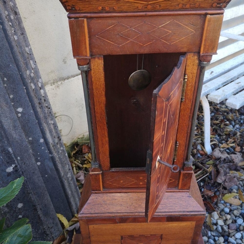 203 - A VERY UNUSUAL APPRENTICE MADE MINIATURE GRANDFATHER CLOCK, with a variety of timbers used, and pewt... 