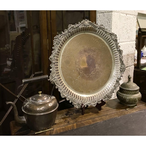 207 - A DECORATIVE PLATED COPPER SALVER ALONG WITH COPPER KETTLE AND BRASS BOWL, (i) the large salver by C... 