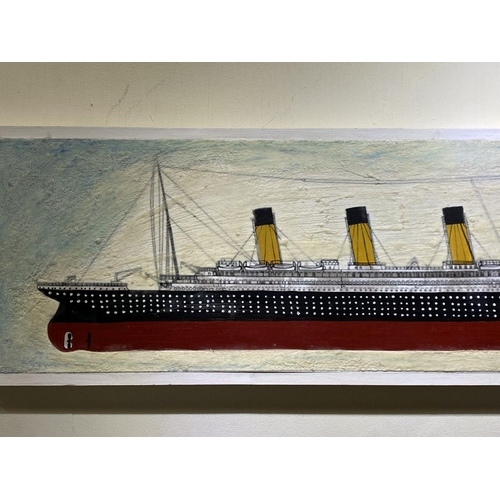 21 - KEN PARKER, (IRISH, 20TH CENTURY), ‘RMS TITANIC’, encaustic on wood panels. Dimensions: 126cm x 37cm... 