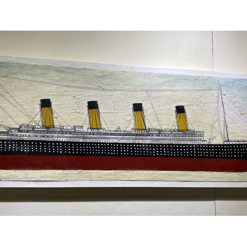 21 - KEN PARKER, (IRISH, 20TH CENTURY), ‘RMS TITANIC’, encaustic on wood panels. Dimensions: 126cm x 37cm... 