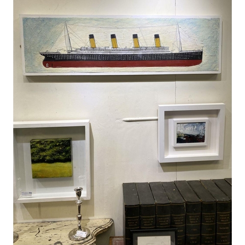 21 - KEN PARKER, (IRISH, 20TH CENTURY), ‘RMS TITANIC’, encaustic on wood panels. Dimensions: 126cm x 37cm... 