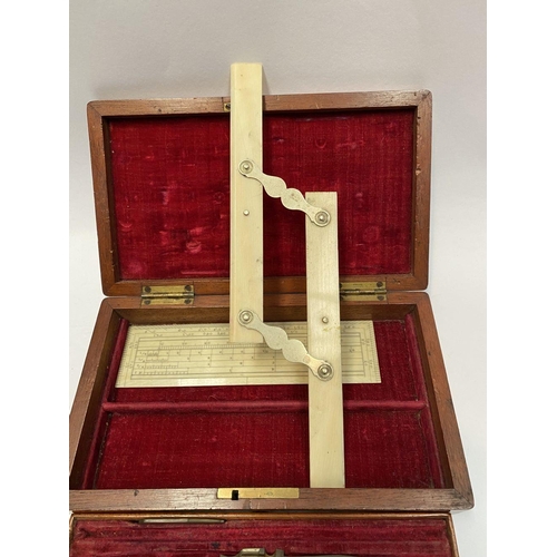 223 - AN ANTIQUE DRAUGHTSMAN’S TECHNICAL DRAWING SET, in fitted mahogany box with geometry tools within to... 