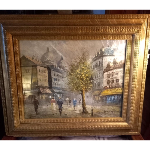 226 - A FRAMED OIL ON CANVAS, depicting cityscape, signed lower right, in fine decorative gilt frame. Dime... 