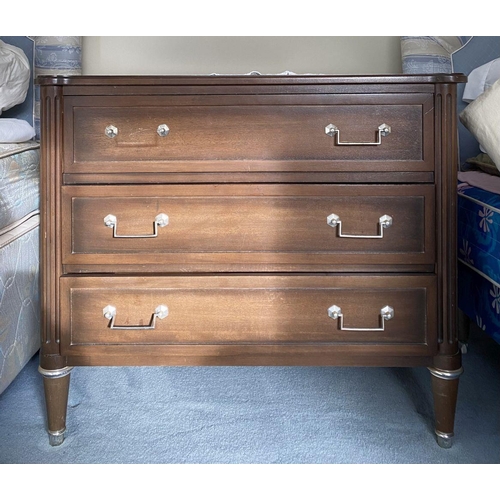 233 - A LOUIS XVI STYLE THREE DRAWER CHEST, with three panelled drawers with gilt handles, rounded fluted ... 