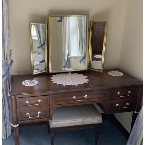 234 - A FINE MAHOGANY FIVE DRAWER VANITY/DRESSING TABLE, with fitted three panel mirror to top, five panel... 