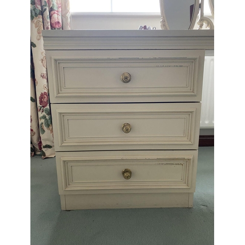 236 - A SIX DRAWER VANITY/DRESSING TABLE, with oval three panelled mirror to top, six panelled drawers to ... 