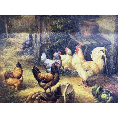 245 - AFTER EDGAR HUNT (British, 1876-1953), ‘THE BARNYARD’, coloured print reproduction on canvas, after ... 