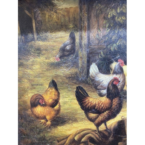 245 - AFTER EDGAR HUNT (British, 1876-1953), ‘THE BARNYARD’, coloured print reproduction on canvas, after ... 