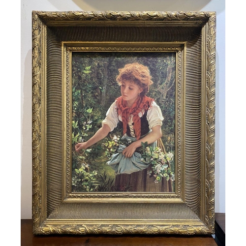 246 - AFTER SOPHIE ANDERSON, ‘PICKING HONEYSUCKLE’, coloured print reproduction on canvas, in excellent hi... 